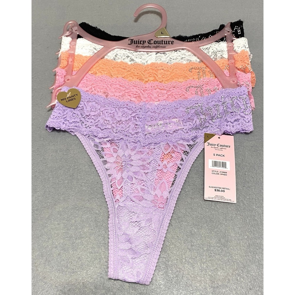 Juicy‎ Couture Women's L 5Pk Lace Thong Panties Stretch Logo No Panty Lines NWT